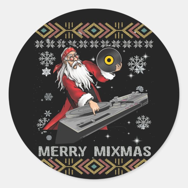 Pegatina Redonda Merry Mixmas Funny Christmas Dj Music Party (Anverso)