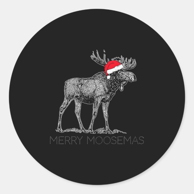 Pegatina Redonda Merry Moosemas Christmas Moose With Santa Hat  (Anverso)