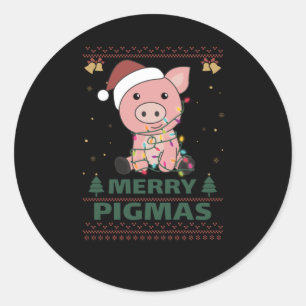 Pegatina Redonda Merry Pigmas graciosos Navidades de cerdo Pun