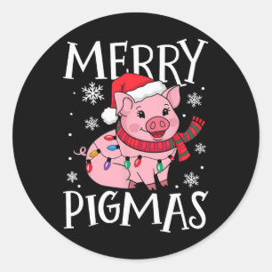 Pegatina Redonda Merry Pigmas Graciosos Navidades de Cerdo Santa Pi