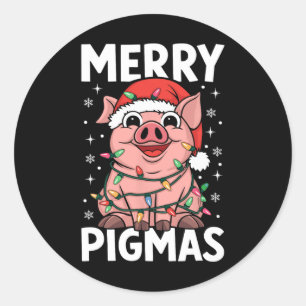 Pegatina Redonda Merry Pigmas Graciosos Navidades de Cerdo Santa Pi