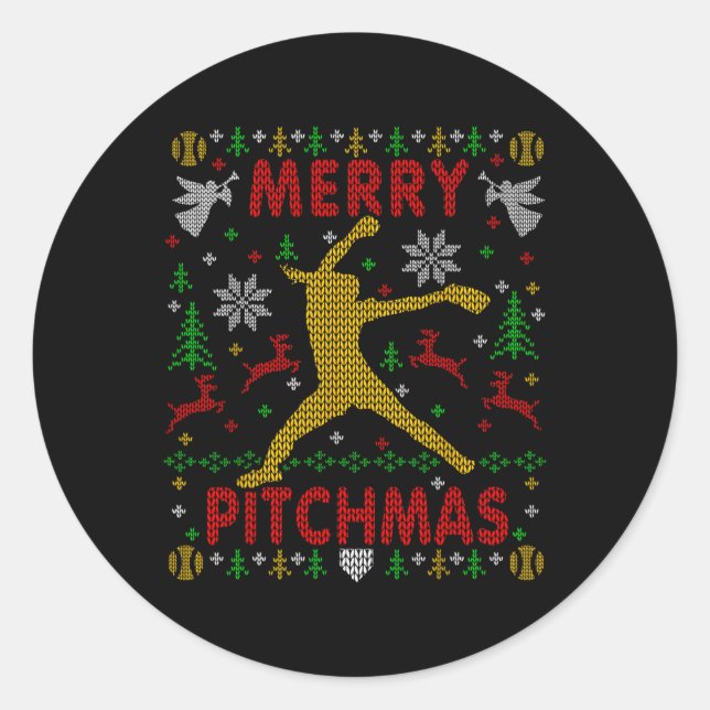 Pegatina Redonda Merry Pitchmas Fastpitch Softll Pitcher Ugly Chris (Anverso)