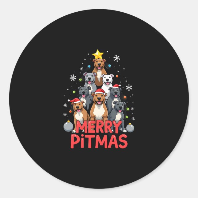 Pegatina Redonda Merry Pitmas Pitbull Dog Ugly Christmas Sweater Tr (Anverso)