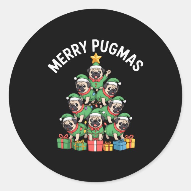 Pegatina Redonda Merry Pugmas Funny Pug Christmas Tree Holiday Long (Anverso)