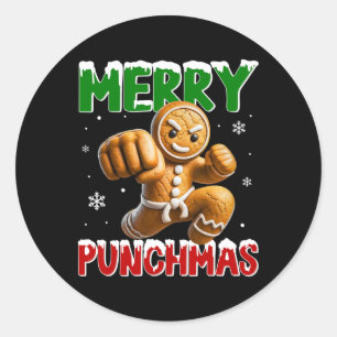 Pegatina Redonda Merry Punchmas Taekwondo Karate Gingerbread Mamáes