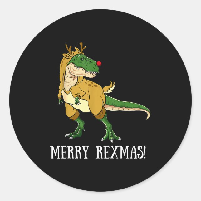 Pegatina Redonda Merry Rexmas Reindeer T-rex Rudolph Dinosaur Chris (Anverso)