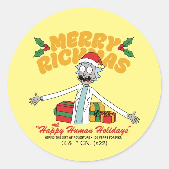Pegatina Redonda Merry Rickmas and Happy Human Holidays (Anverso)