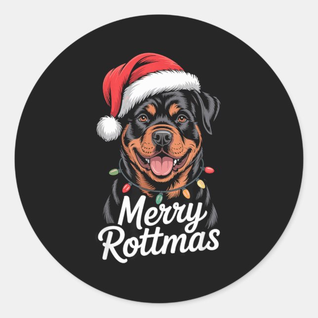 Pegatina Redonda Merry Rottmas Rottweiler Holiday Humor Dog Lovers  (Anverso)