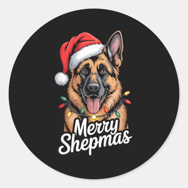 Pegatina Redonda Merry Shepmas German Shepherd Christmas Lights Hum (Anverso)