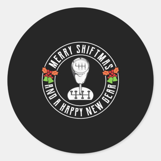 Pegatina Redonda Merry Shiftmas Manual Transmission Christmas Theme (Anverso)