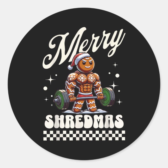 Pegatina Redonda Merry Shredmas Christmas Gym Gingerbread Workout M (Anverso)