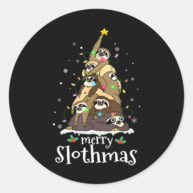 Pegatina Redonda Merry Slothmas Cute Xmas Sloth Santa Hat Navidades (Anverso)