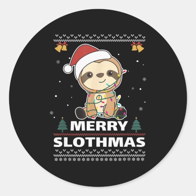 Pegatina Redonda Merry Slothmas Funny Sloth Christmas Pun  (Anverso)