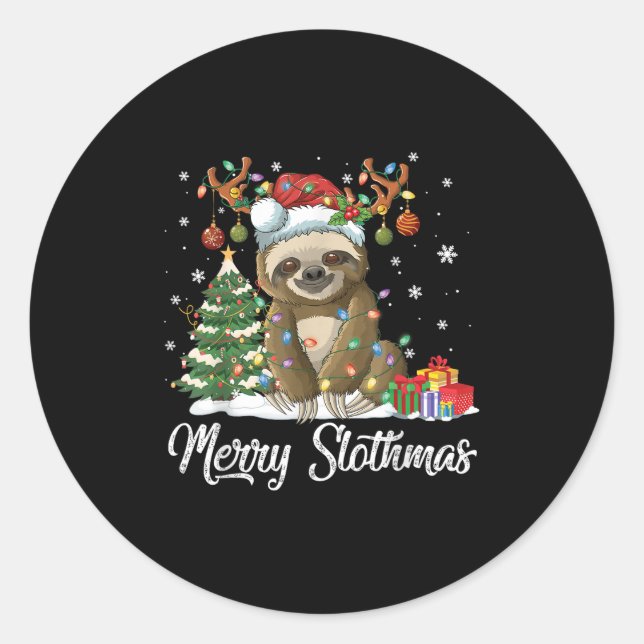 Pegatina Redonda Merry Slothmas Funny Sloth Christmas Tree Lights X (Anverso)