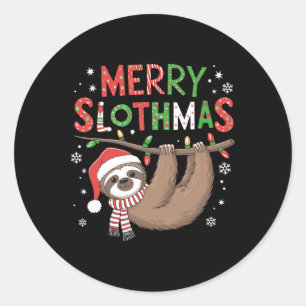 Pegatina Redonda Merry Slothmas Santa Hat Pajamas Sloth Lover Chica