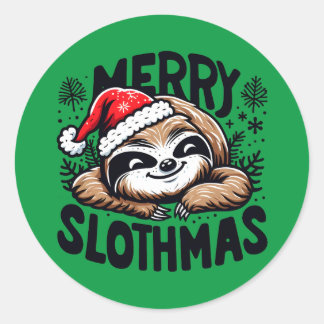 Pegatina Redonda Merry Slothmas! Vector Festive Christmas Sloth