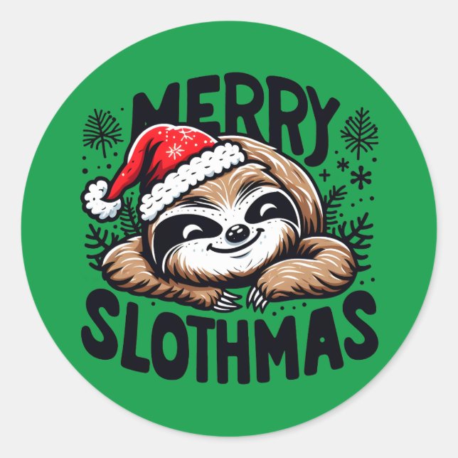 Pegatina Redonda Merry Slothmas! Vector Festive Christmas Sloth (Anverso)
