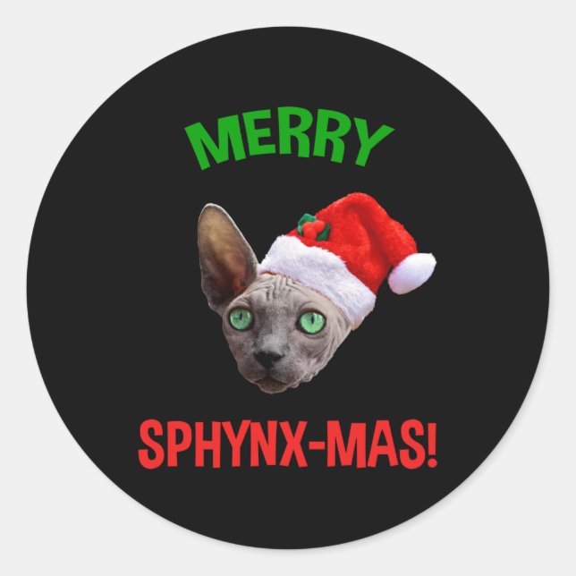 Pegatina Redonda Merry Sphynx-Mas Navidades divertidos Sphynx Cat L (Anverso)