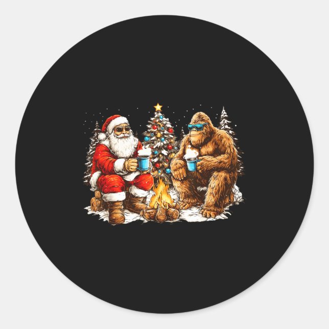 Pegatina Redonda Merry Squatchmas Santa Bigfoot Campfire Mens Boys  (Anverso)