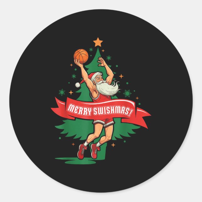 Pegatina Redonda Merry Swishmas Basketball Santa Christmas Pajamas  (Anverso)
