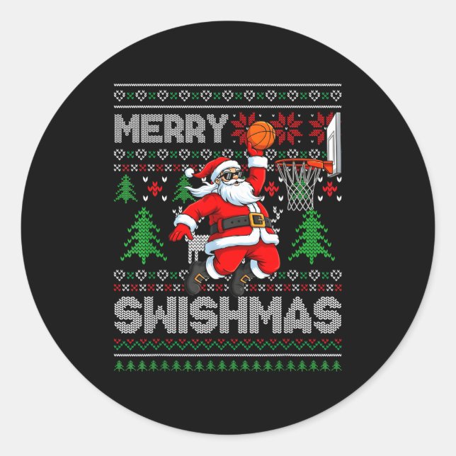 Pegatina Redonda Merry Swishmas Basketball Ugly Christmas Santa Men (Anverso)