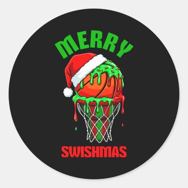 Pegatina Redonda Merry Swishmas Basketball Ugly Christmas Xmas Men  (Anverso)