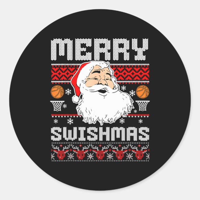 Pegatina Redonda Merry Swishmas Basketball Xmas Ugly Christmas Men  (Anverso)
