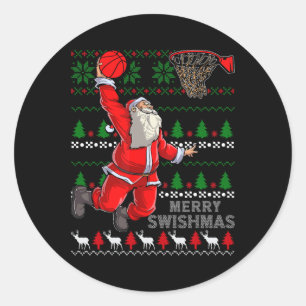 Pegatina Redonda Merry Swishmas Santa Bysketbyll Byll Ugly Christma