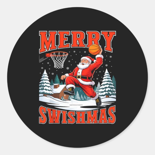Pegatina Redonda Merry Swishmas Santa Playing Basketball Christmas  (Anverso)