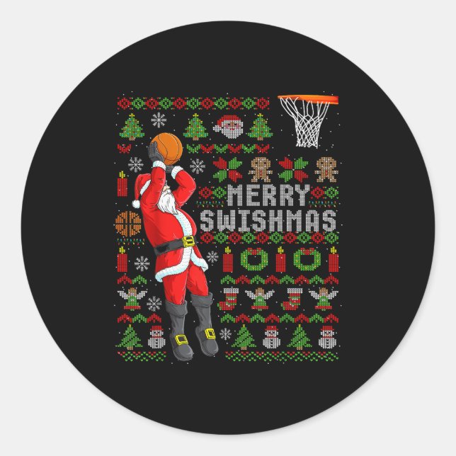 Pegatina Redonda Merry Swishmas Ugly Christmas Basketball Christmas (Anverso)