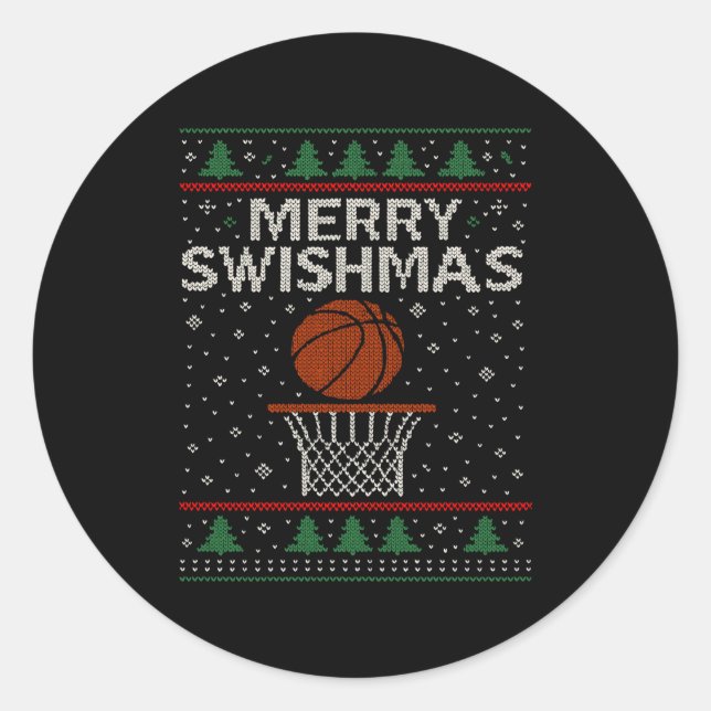 Pegatina Redonda Merry Swishmas Ugly Christmas Sweater Basketball J (Anverso)