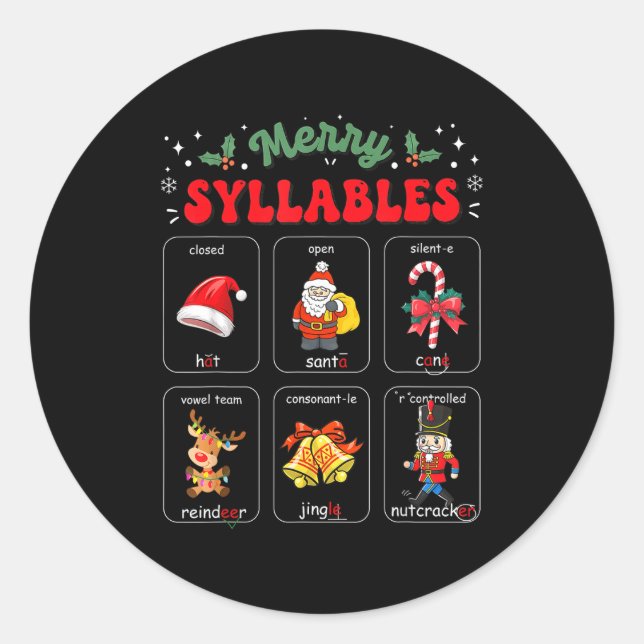 Pegatina Redonda Merry Syllables Xmas Phonics Reading Teacher Holid (Anverso)