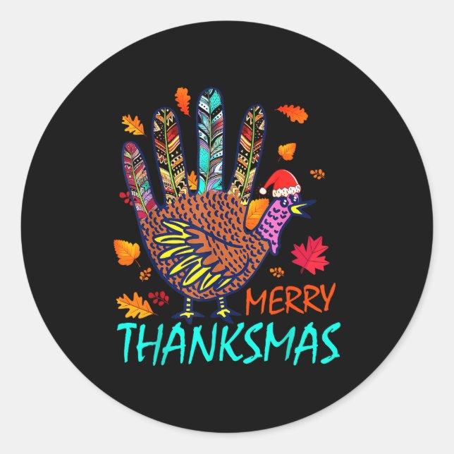 Pegatina Redonda Merry Thanksmas Happy Thanksgiving Christmas Turke (Anverso)