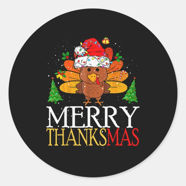 Pegatina Redonda Merry Thanksmas Happy Thanksgiving Santa Turkey  (Anverso)