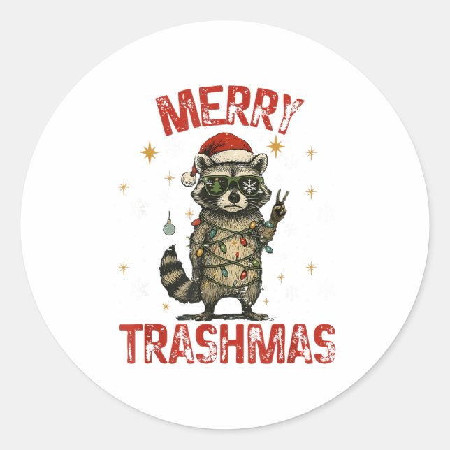 Pegatina Redonda Merry Trashmas Raccoon Christmas Lights Funny Xmas (Anverso)