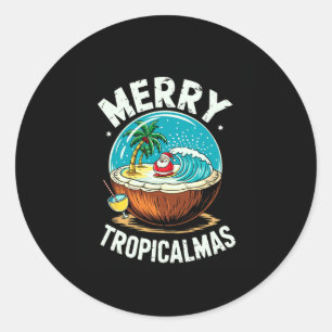 Pegatina Redonda Merry Tropicalmas Surfing Santa Snow Globe Coconut