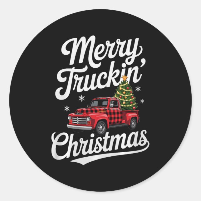 Pegatina Redonda Merry Truckin' Christmas Buffalo Plaid Clic Ck Up  (Anverso)