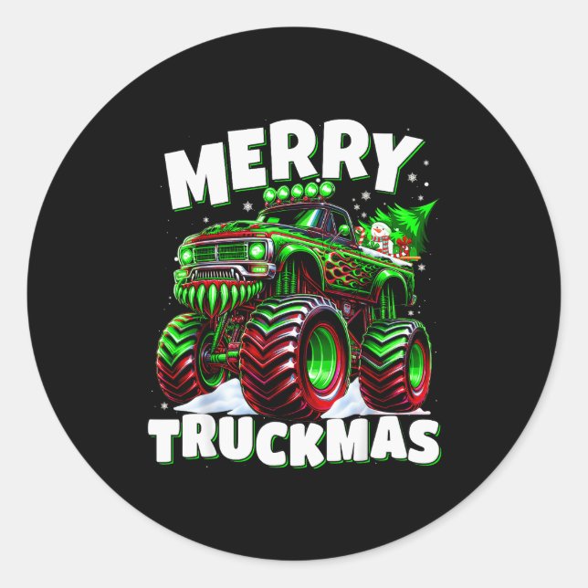 Pegatina Redonda Merry Truckmas Truck Kids &amp; Boys Christmas  (Anverso)