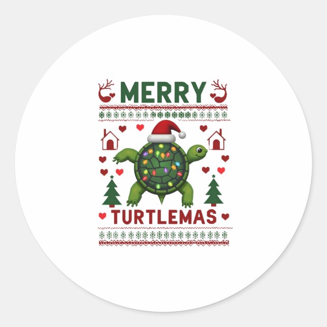 Pegatina Redonda Merry Turtlemas Christmas Lights Cute Turtle Santa (Anverso)