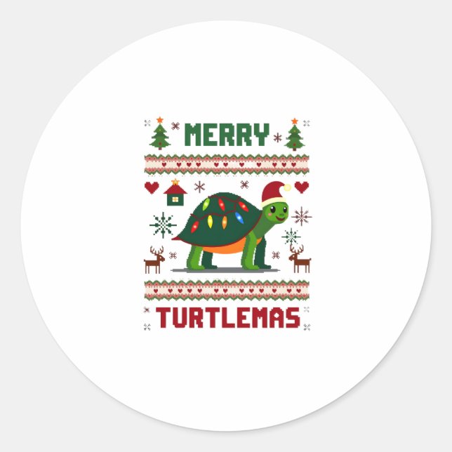 Pegatina Redonda Merry Turtlemas Christmas Lights Cute Turtle Santa (Anverso)