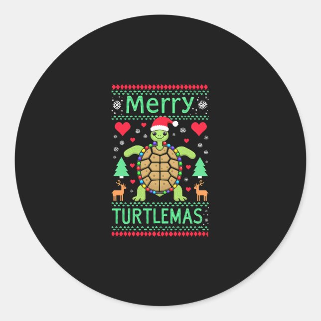 Pegatina Redonda Merry Turtlemas Christmas Lights Cute Turtle Santa (Anverso)