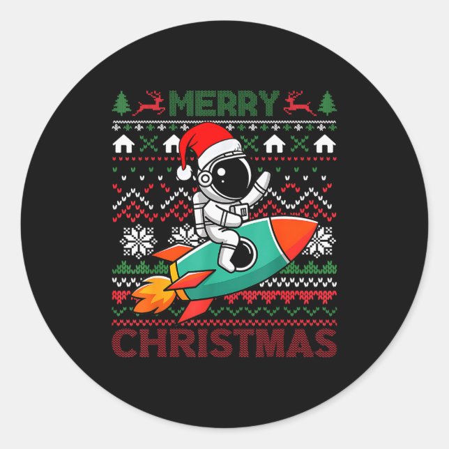 Pegatina Redonda Merry Ugly Christmas Santa Hat Astronaut Riding Ro (Anverso)