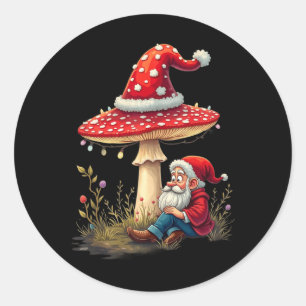 Pegatina Redonda Merry Vintage Christmas Gnome Mushroom Santa Claus