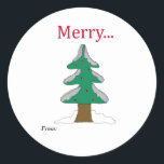 Pegatina Redonda Merry Vintage Christmas Tree Classic Round Pegatin<br><div class="desc">Un simple árbol de Navidad con ramas nevadas. Un simple texto gráfico que dice Merry...  mantenerlo simple con este diseño de vacaciones de estilo vintage.</div>
