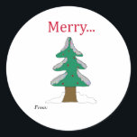 Pegatina Redonda Merry Vintage Christmas Tree Classic Round Pegatin<br><div class="desc">Un simple árbol de Navidad con ramas nevadas. Un simple texto gráfico que dice Merry...  mantenerlo simple con este diseño de vacaciones de estilo vintage.</div>