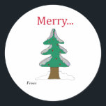 Pegatina Redonda Merry Vintage Christmas Tree Classic Round Pegatin<br><div class="desc">Un simple árbol de Navidad con ramas nevadas. Un simple texto gráfico que dice Merry...  mantenerlo simple con este diseño de vacaciones de estilo vintage.</div>