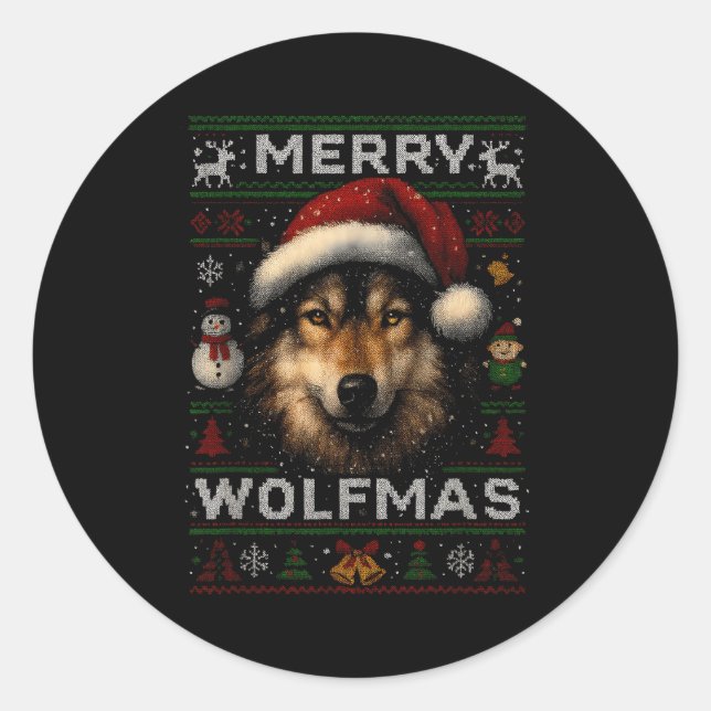 Pegatina Redonda Merry Wolfmas Merry Christmas Wolf Ugly Sweater Fu (Anverso)