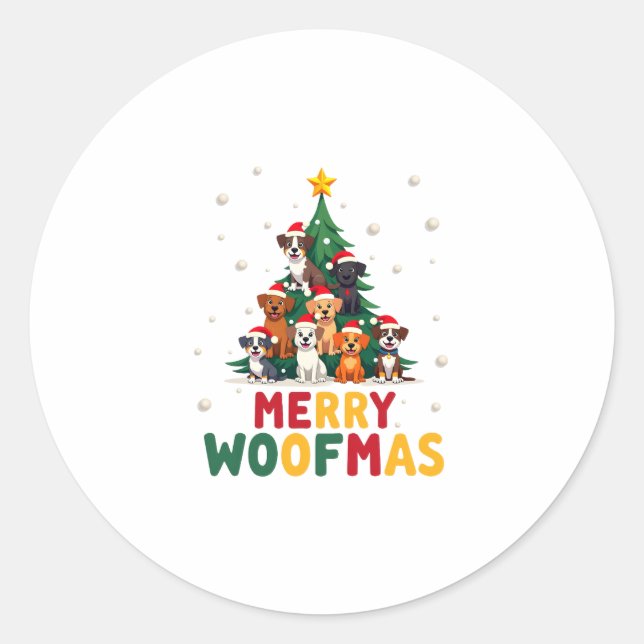 Pegatina Redonda Merry Woofmas - Merry Christmas For Dog Lovers (1) (Anverso)