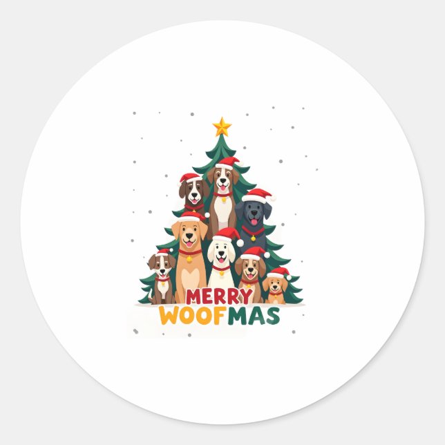 Pegatina Redonda Merry Woofmas - Merry Christmas For Dog Lovers (2) (Anverso)