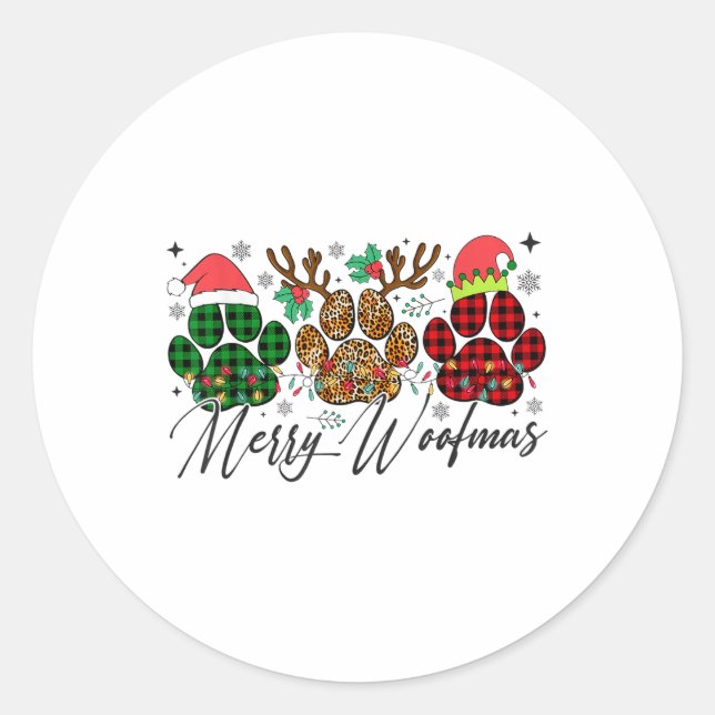 Pegatina Redonda Merry Woofmas Navidades Perro Paws Luces Buffalo P (Anverso)
